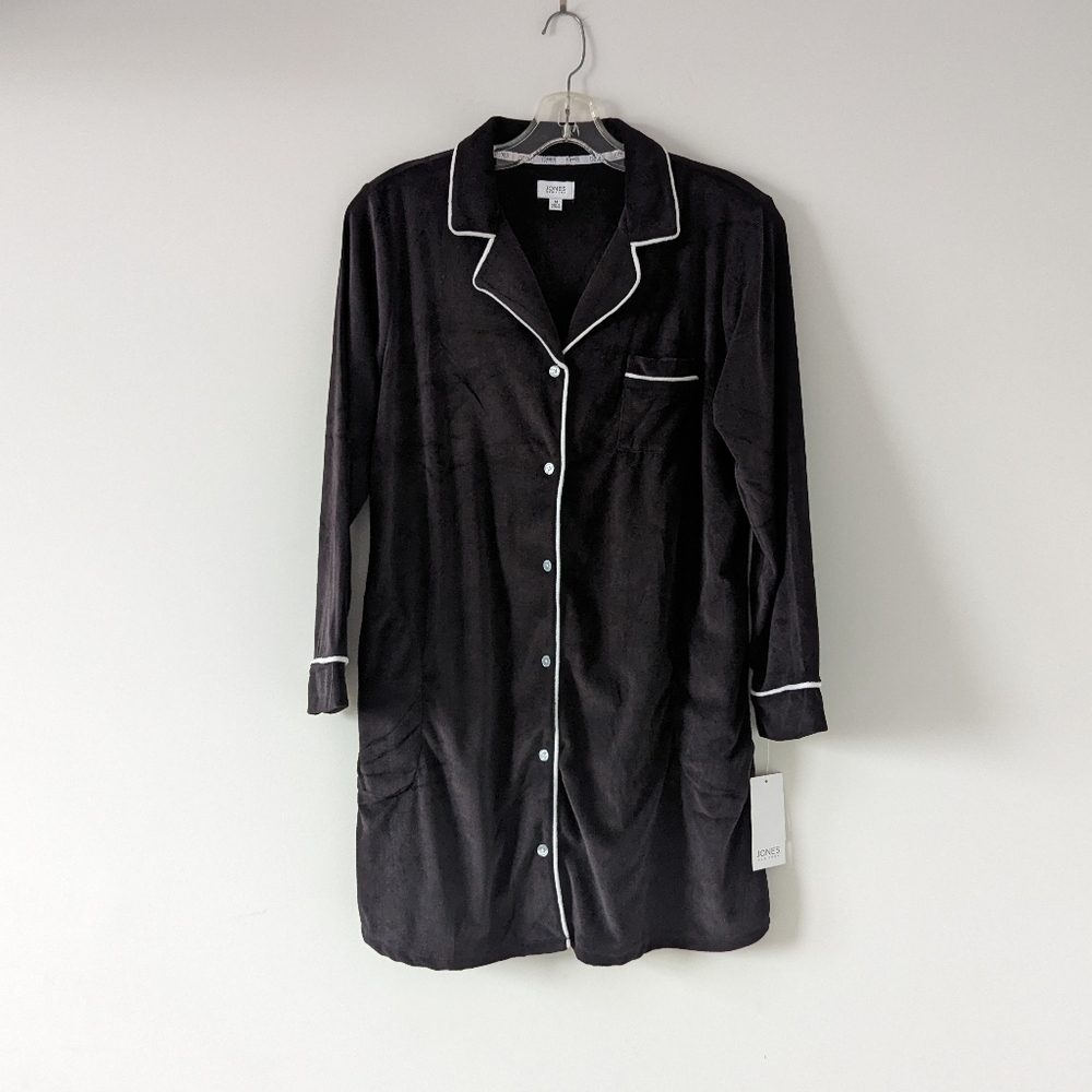 Jones New York Black Fleece Pajama Shirt with Contrast Piping - Size Medium